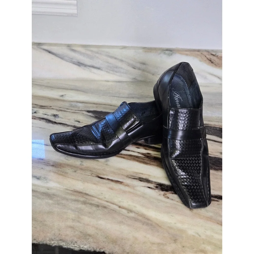Amali Mens Black Textured Geometric Square Toe Slip‎ On Dress Loafers Shoes 7.5